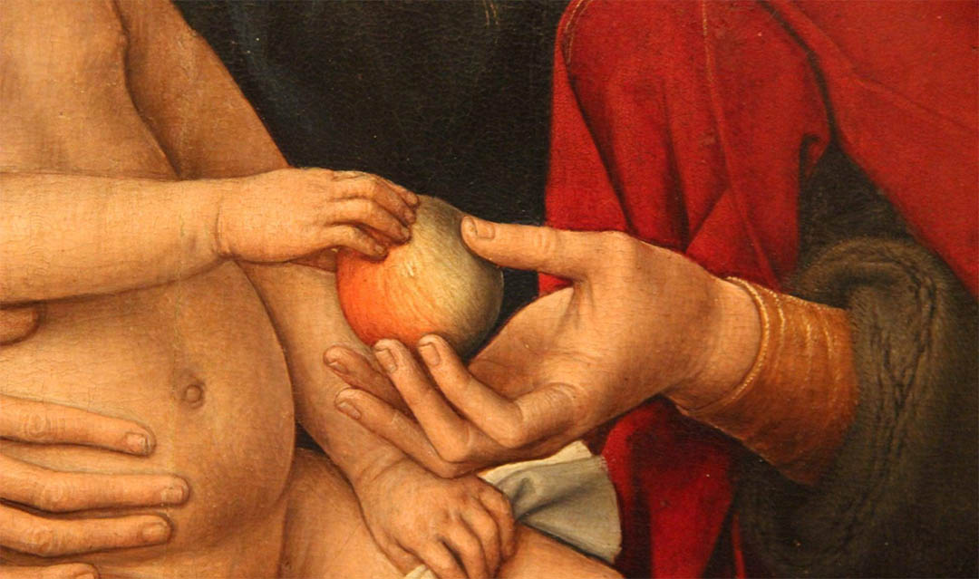 Detail of an apple in the paiting Virgin and Child from Hans Memling.