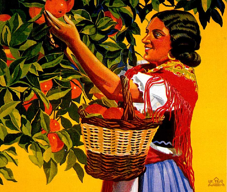 A woman picking oranges in a Fruit Campaign Poster from 1935, Ministry of Agriculture (Portugal).