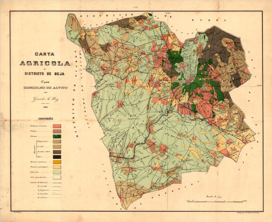 Old analogical map of agricultural areas in the Beja district, Portugal (1883)