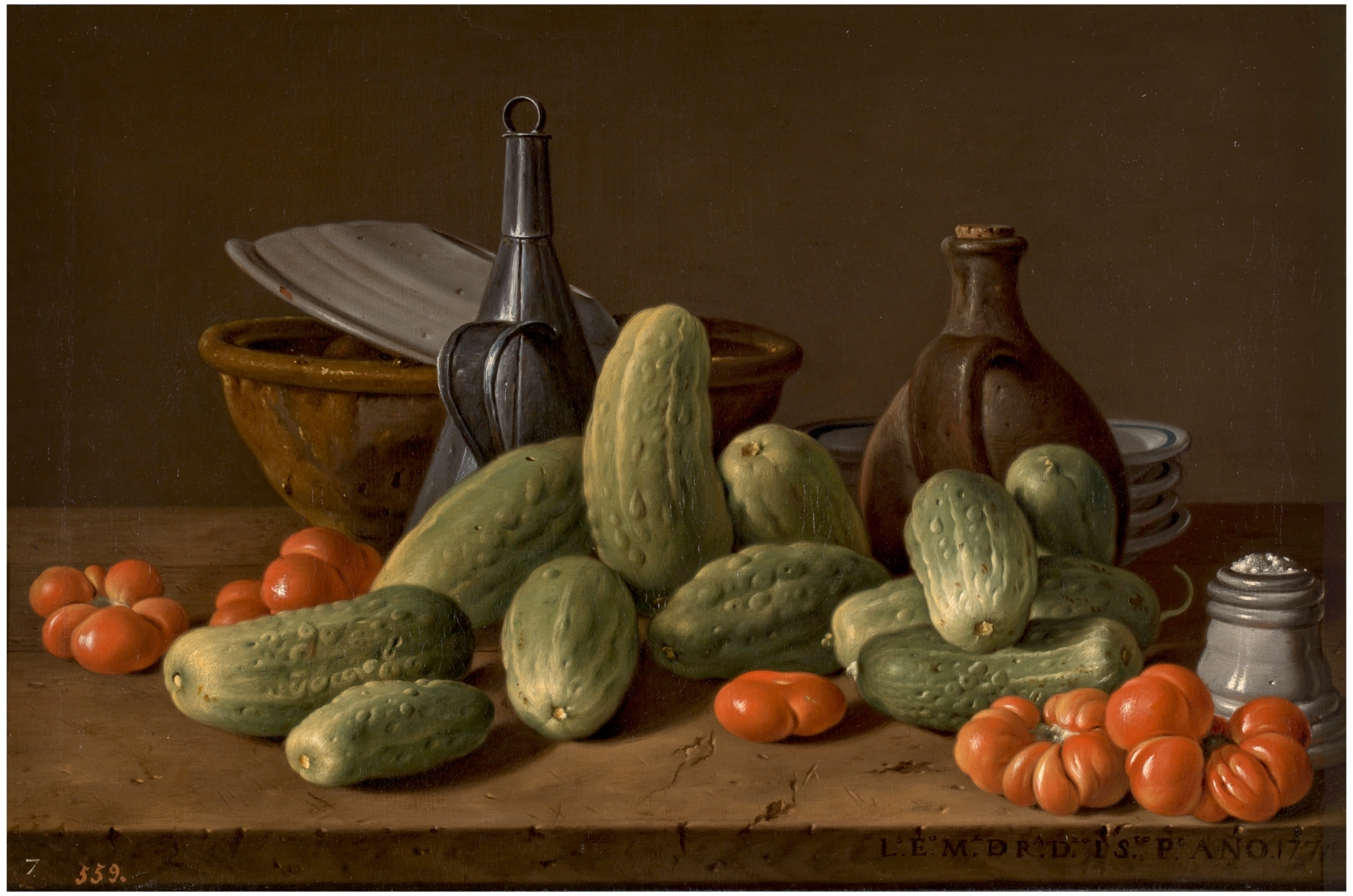 Paiting Still Life with Cucumbers, Tomatoes and Vessels by Luis Meléndez (1774). Museo del Prado
